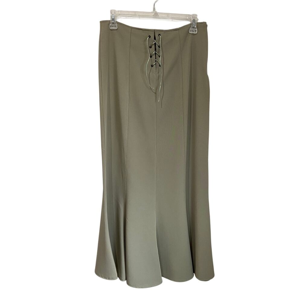 Khaki‎ Fluted Maxi Skirt Lace Up Front Waist Detail FR 42 US M Boho Flowy